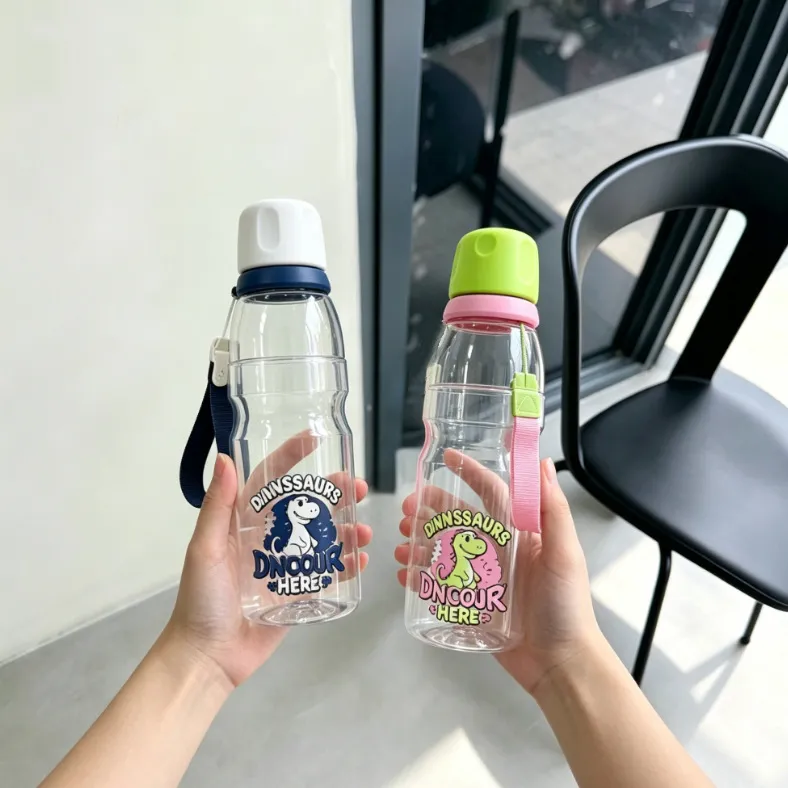 Botella de Agua Deportiva de Plástico Transparente Vaso Portátil para Estudiantes Lindo Dibujo Animado Taza de Viaje Con Cordón