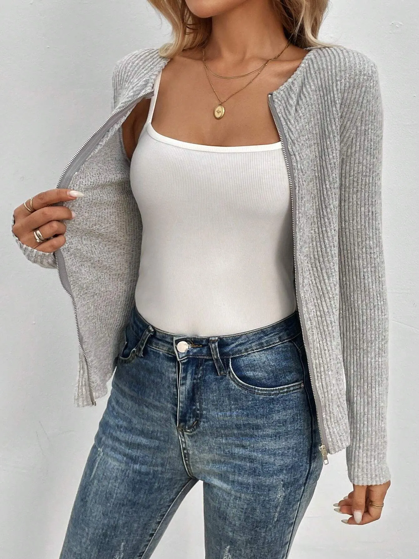 Women Casual Solid Color Long Sleeve Full Zip Cardigan Slim Fit Polyester Knit Sweater For Daily Commute