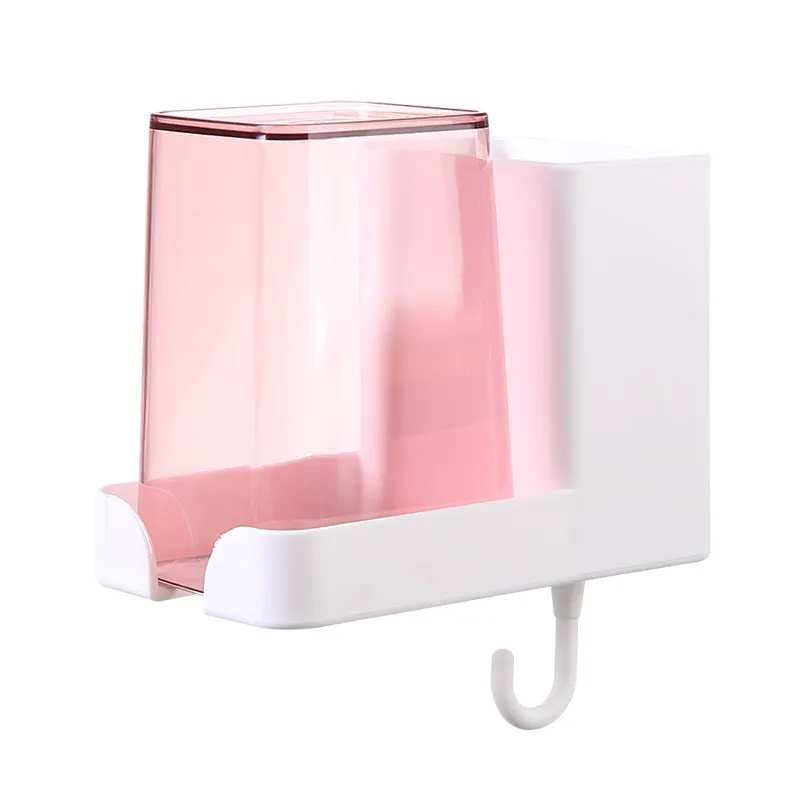 Wandmontage Tandenborstelhouder Badkamer Mondwaterbeker Opbergrek Stansvrij Plastic Tandenborstelstandaard Organizer Set