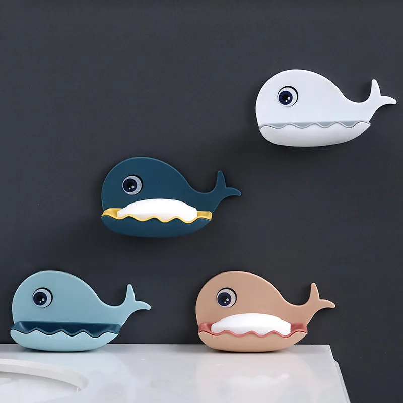 Joli Porte-Savon Petite Baleine Double Couche Égouttage Support de Savon Mural En Plastique Pour Salle de Bain