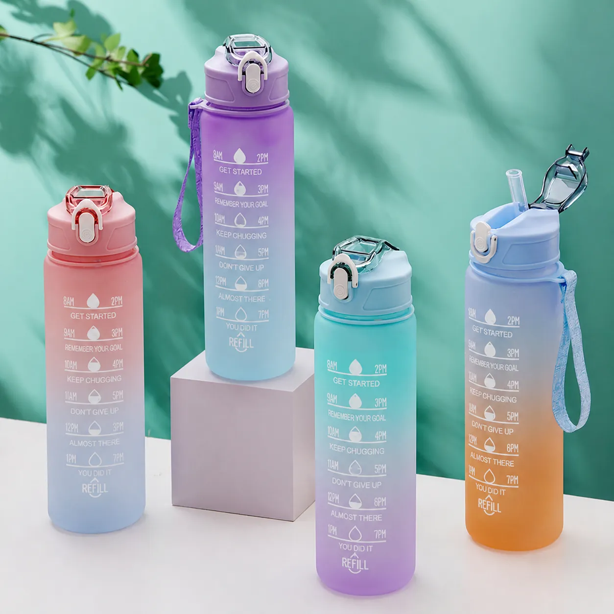 Bicchiere d'Acqua in Plastica Sfumata Con Segnatempo Cannuccia Tracolla Senza BPA Grande Capacità Sport Fitness Articoli per Bevande