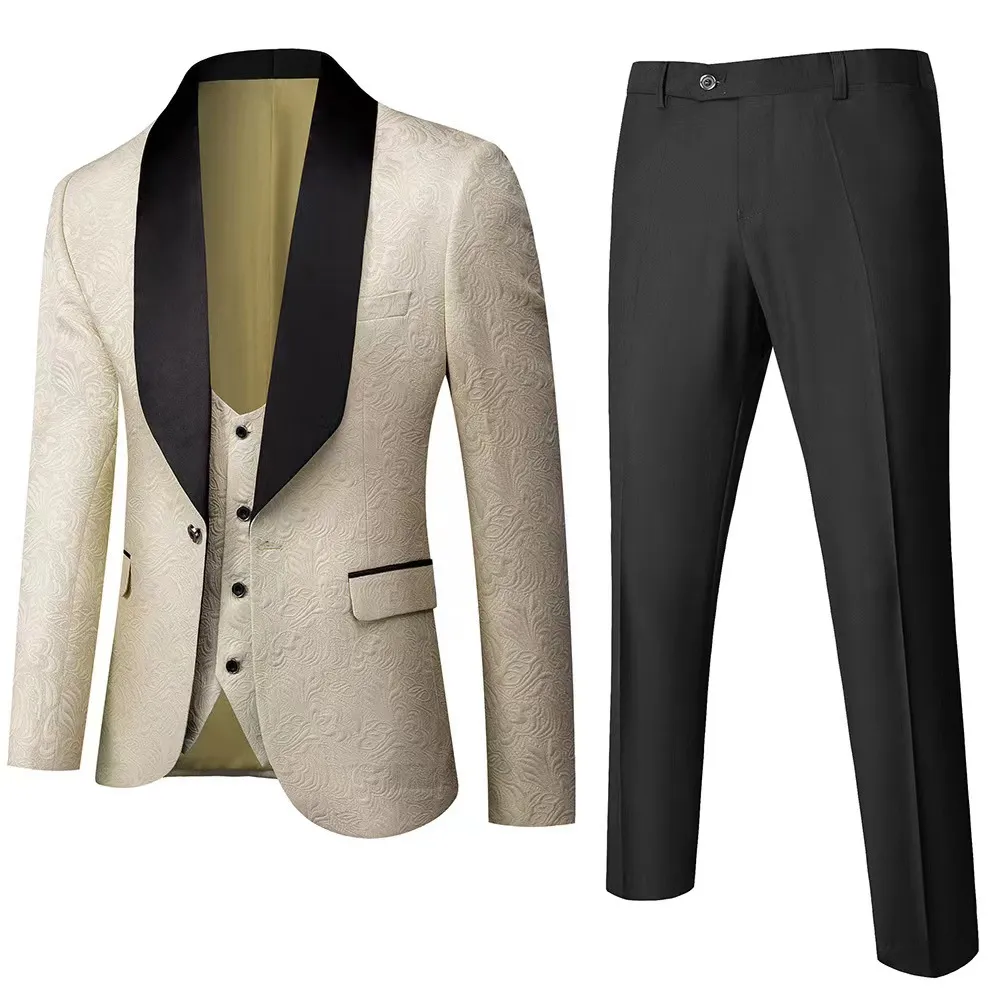 Men's Jacquard Slim Fit Suit Blazer Vest And Trousers Set Business Casual Wedding Formal Groom Tuxedo Apparel