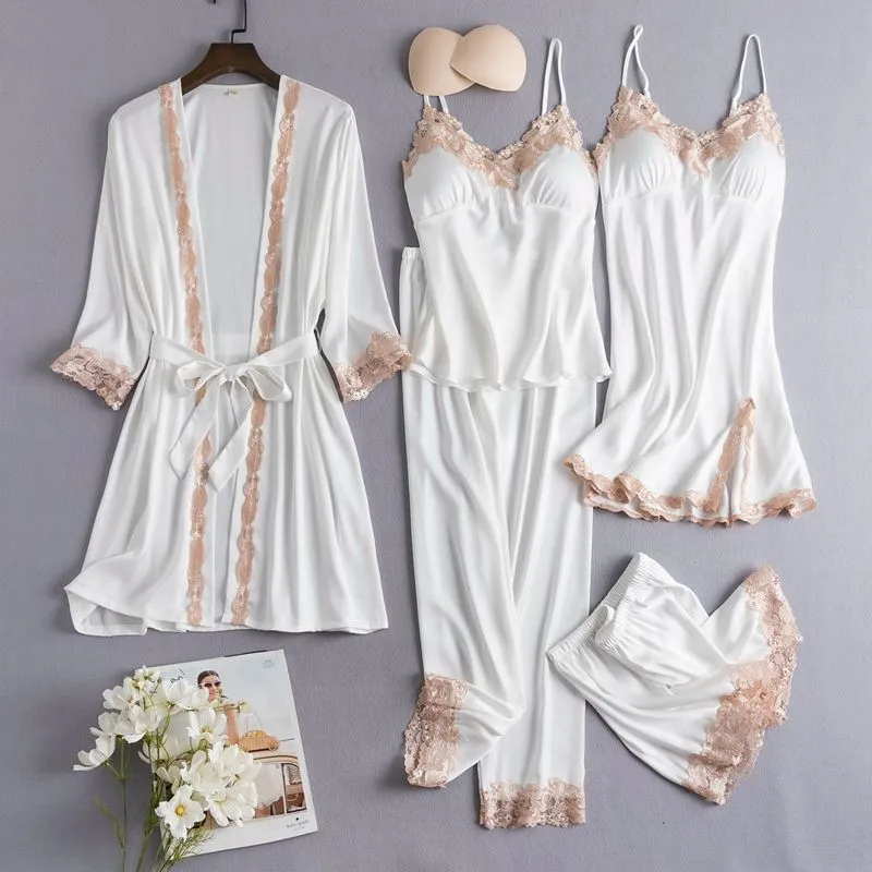 Dames Luxe Satijn Pyjama Set 5 Stuks Nachtkleding V-Hals Hemdje Badjas Shorts Broek Met Borstkussen