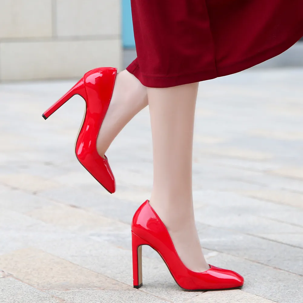 Women Square Toe Chunky High Heel Pumps Patent Leather Dress Shoes For Wedding Banquet Work Women Footwear