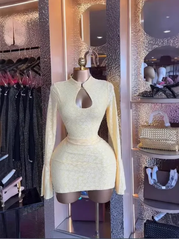 Women's Sexy Long Sleeve Hollow Out Jacquard Bodycon Mini Dress Sweet Cute Two Way Wear Party Club Dress
