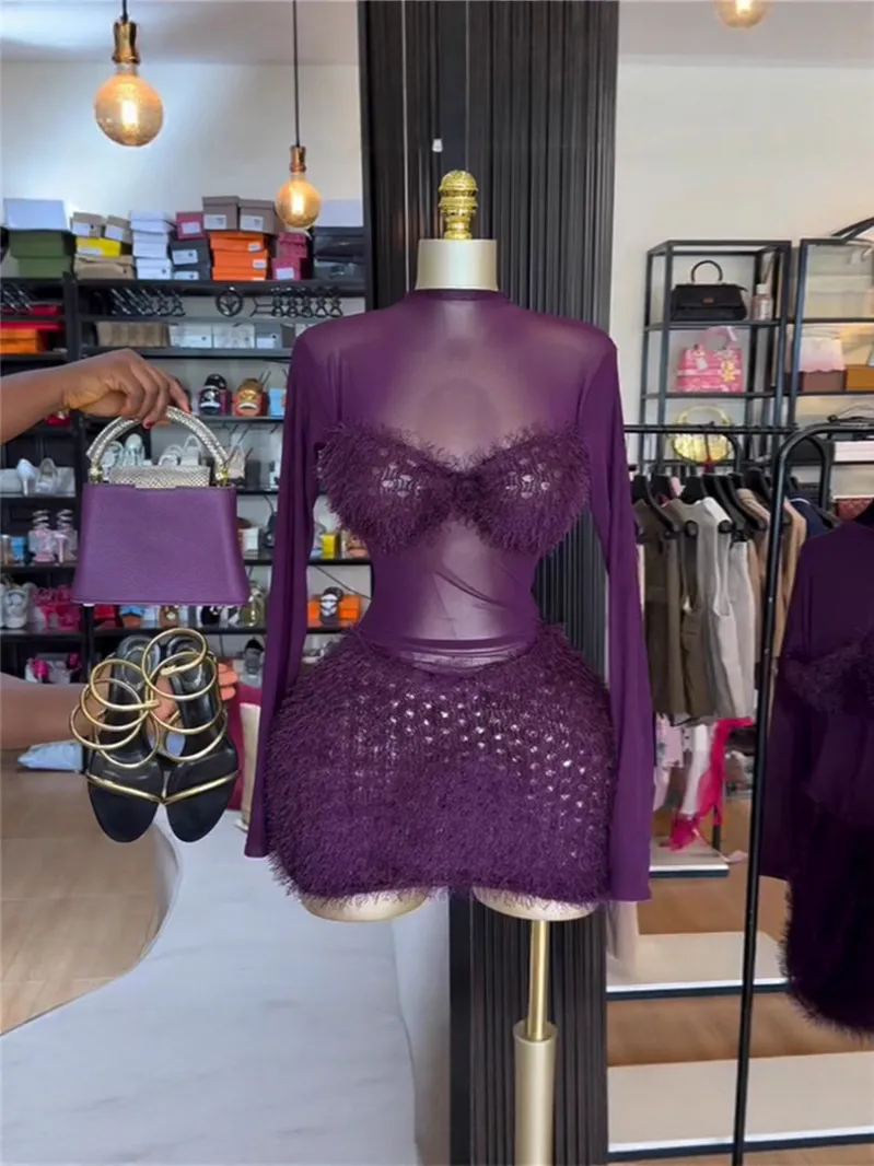 Women Sexy Sheer Mesh Long Sleeve Fuzzy Trim Spliced Purple Mini Dress Club Party Night Out Elegant Outfit