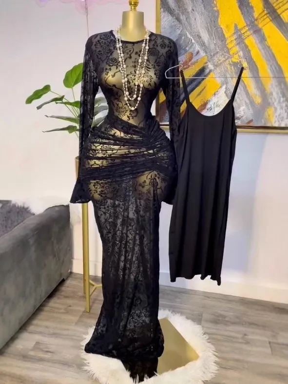 Women's Sexy Floral Flocking Mesh Long Sleeve Maxi Dress Slim Fit High Waist Bodycon Dress With Inner Slip