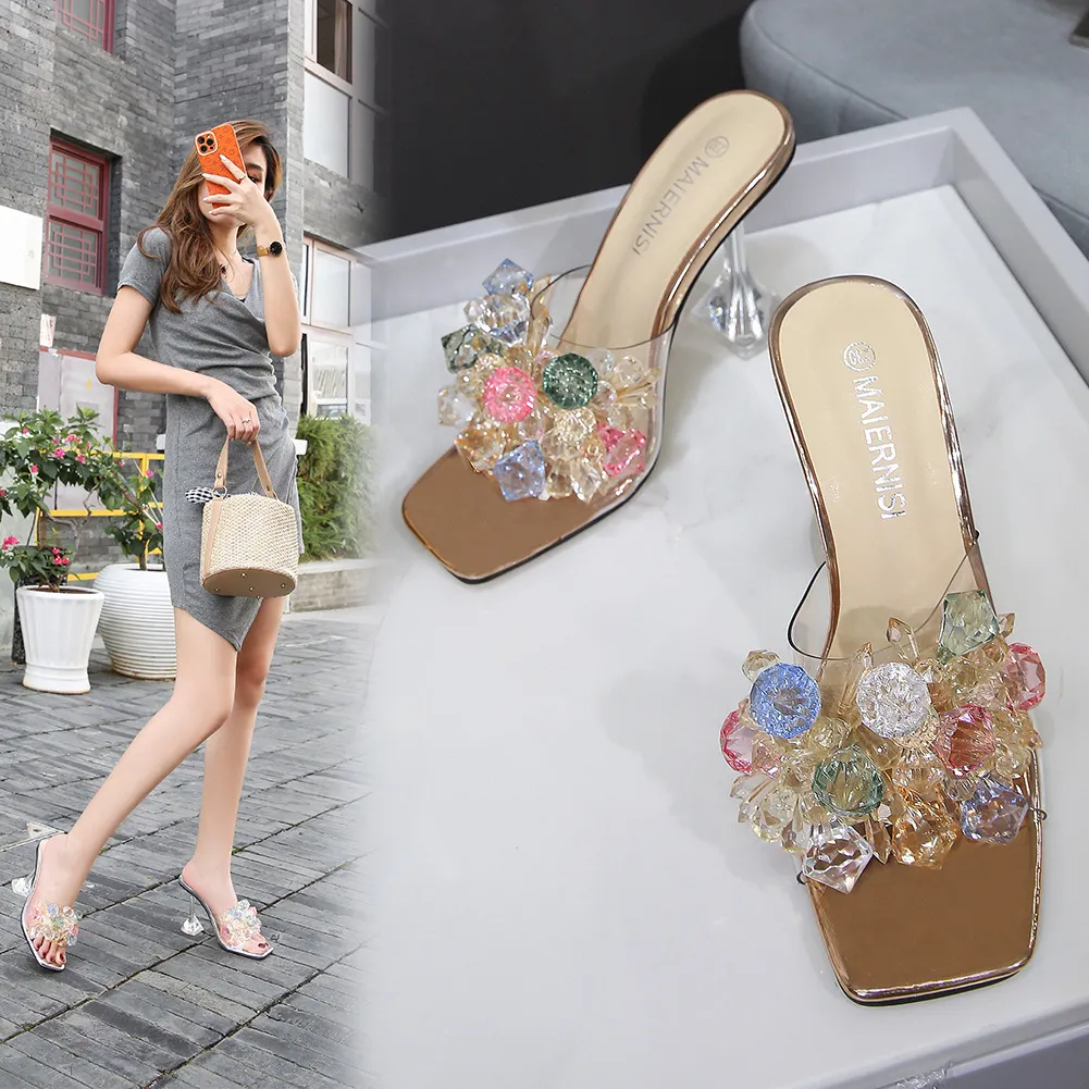 Pantoufles à Talons Hauts en PVC Transparent Strass et Cristal pour Femmes Bout Carré Mules Stiletto Chaussures de Fête Mode