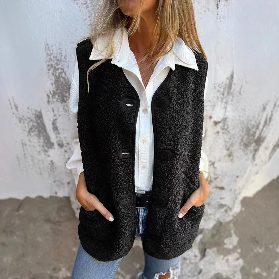 Gilet da Donna Casual in Acrilico Poliestere Lana d'Agnello Polarfleece Giacca Smanicata Monopetto Outwear Con Tasche