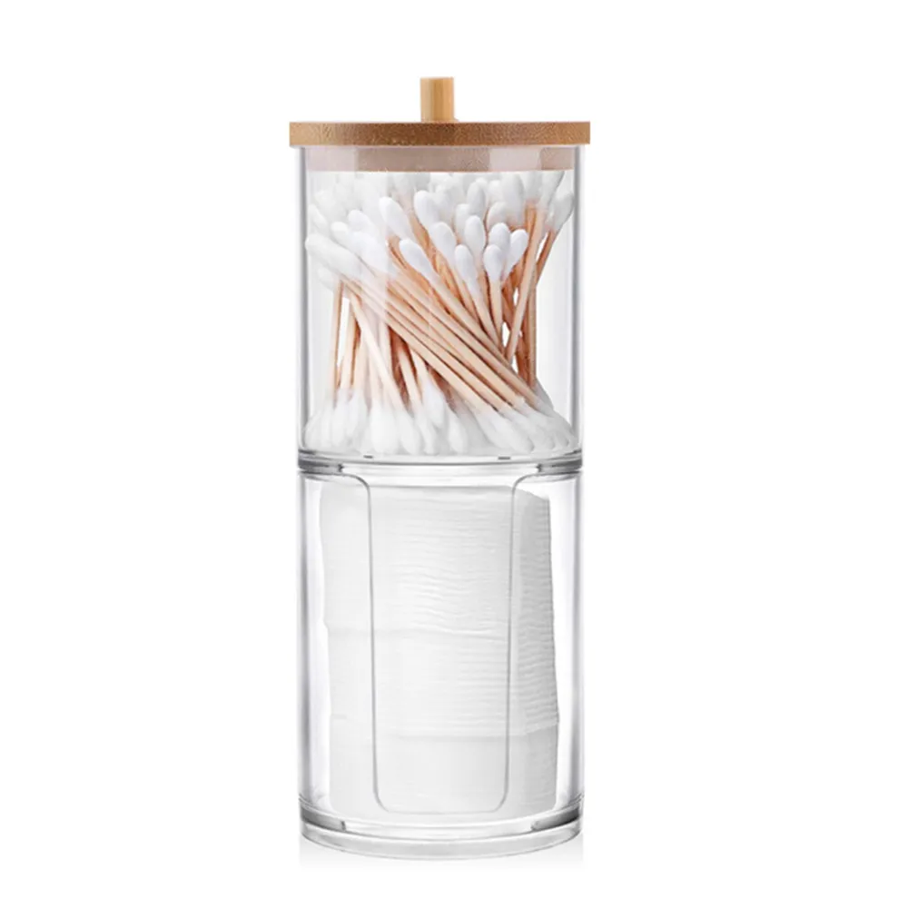 Boîte de Rangement Transparente en Plastique pour Coton-Tiges et Disques Démaquillants avec Couvercle en Bambou Organisateur de Bureau