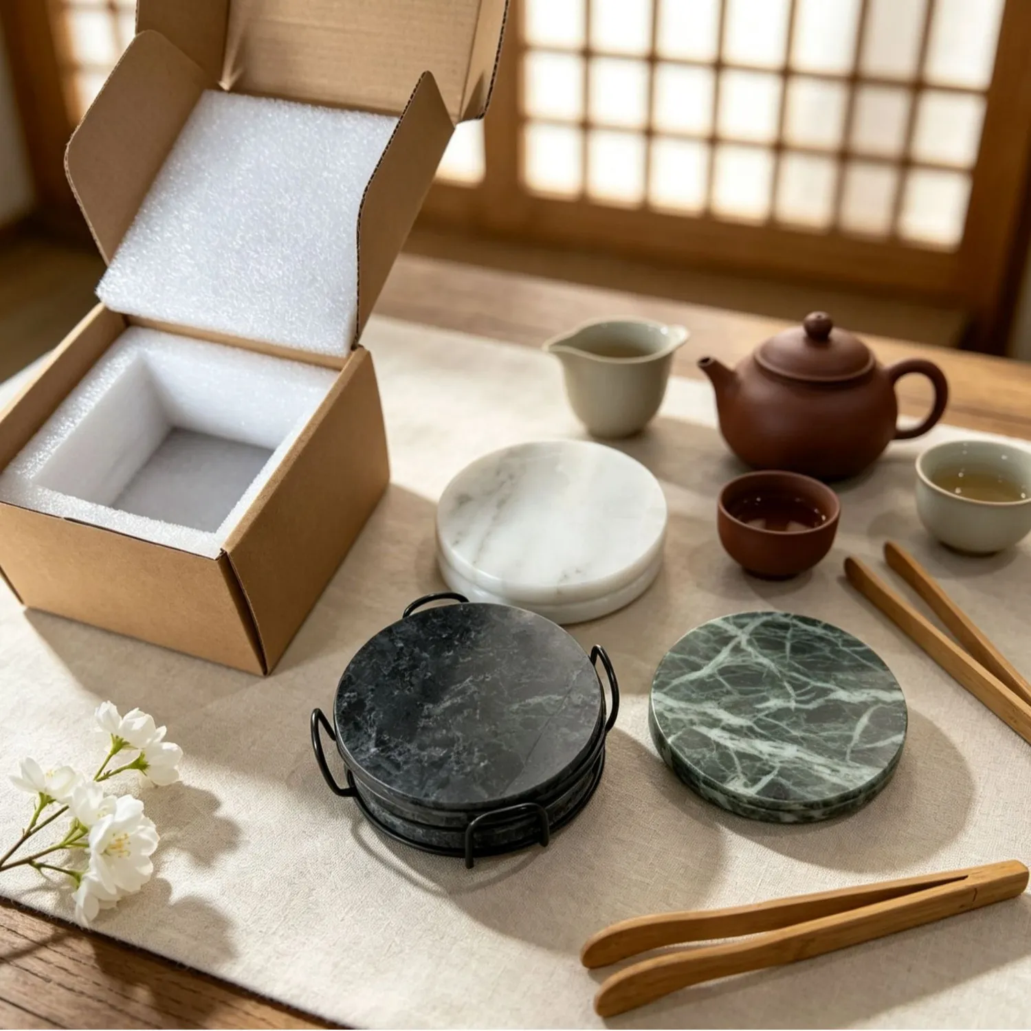 Natürliches Marmor Untersetzer Set Mit Metallhalter Runde Stein Tasse Matte Geschenkschachtel Für Küche Tischdekoration