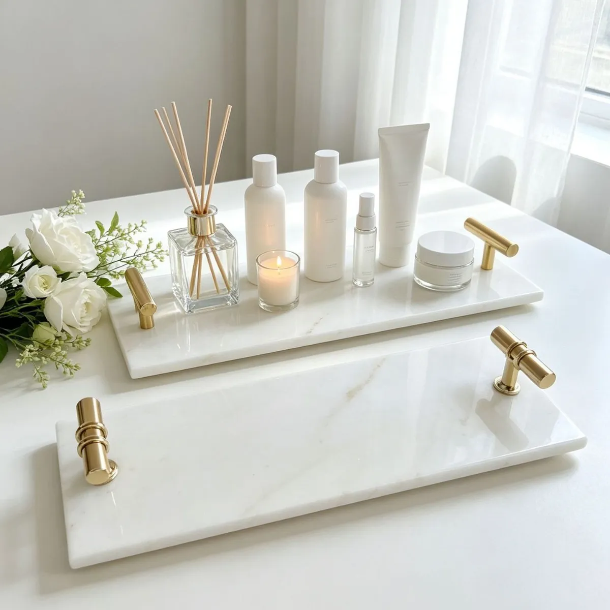 Luxury White Marble Storage Tray With Gold Metal Handle Decorative Rectangular Tray For Vanity Perfume Jewelry