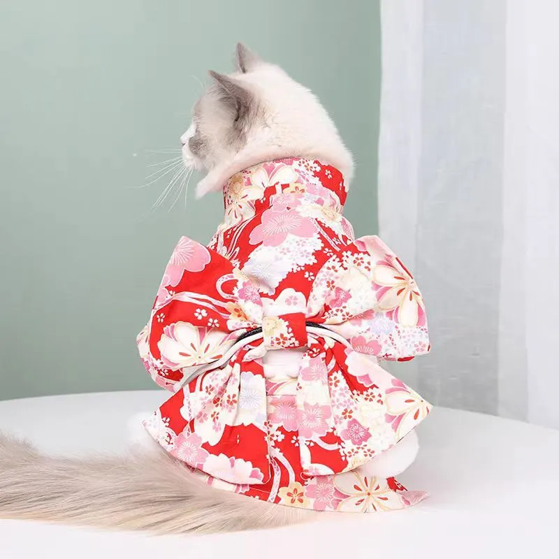 Stile Giapponese Animale Domestico Gatto Cane Kimono Vestito Inverno Caldo Hanfu Gonna Carino Fiocco Abbigliamento per Animali Piccoli Cani Gatti Uso Quotidiano