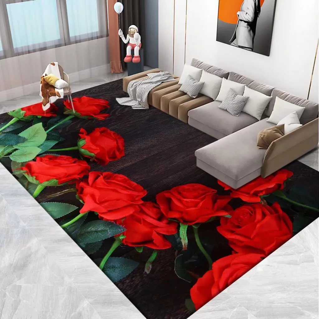 Alfombra de Sala de Estar de Flor de Rosa Antideslizante Resistente a la Suciedad