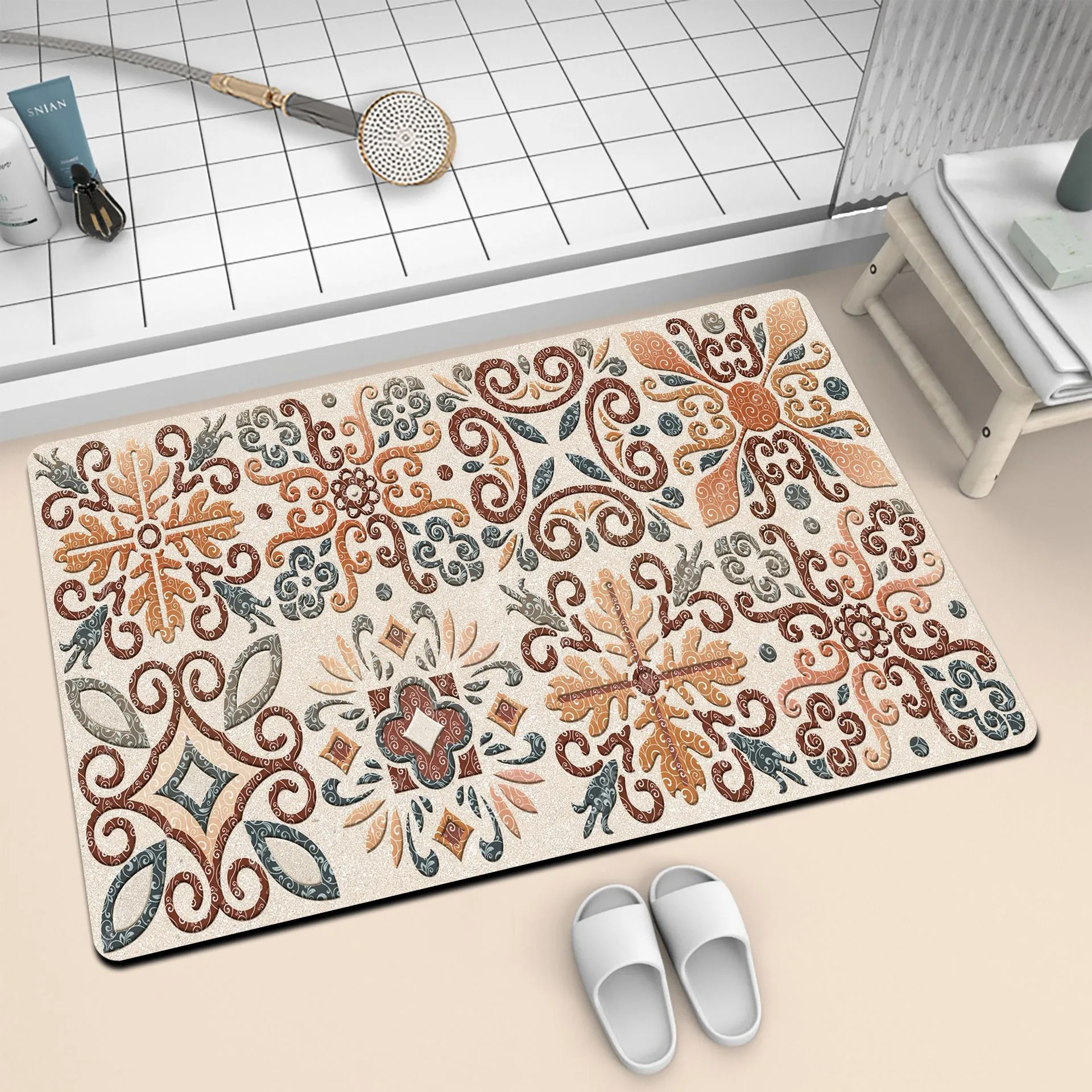 Minimalist Diatomaceous Earth Floor Mat Absorbent Quick Drying Non-Slip Bathroom Mat Geometric Printed Door Mat Home Decor