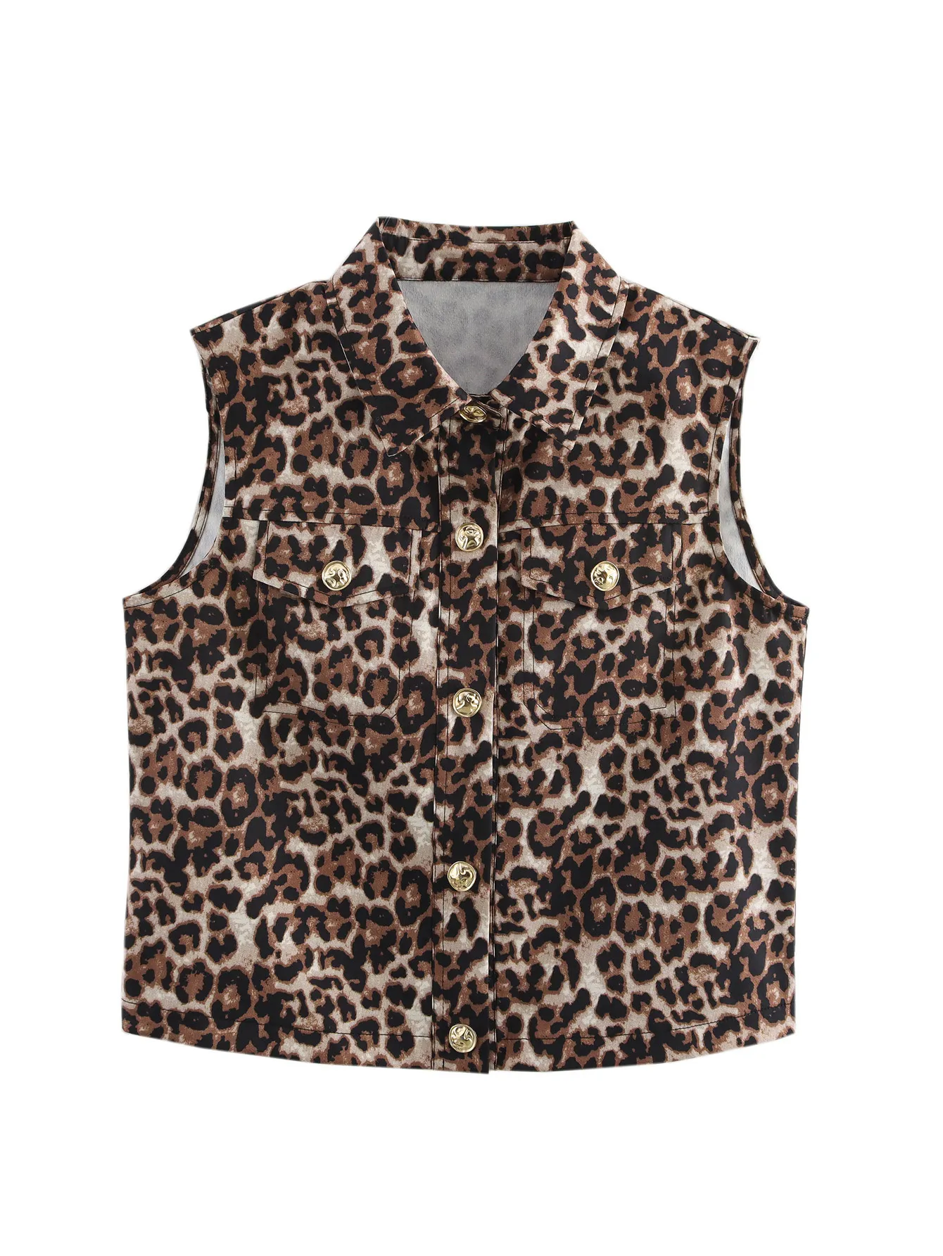 Gilet Imprimé Léopard Décontracté pour Femmes Ouvert sur le Devant Revers Simple Boutonnage Sans Manches Vêtement d'Extérieur Polyester Mode Streetwear