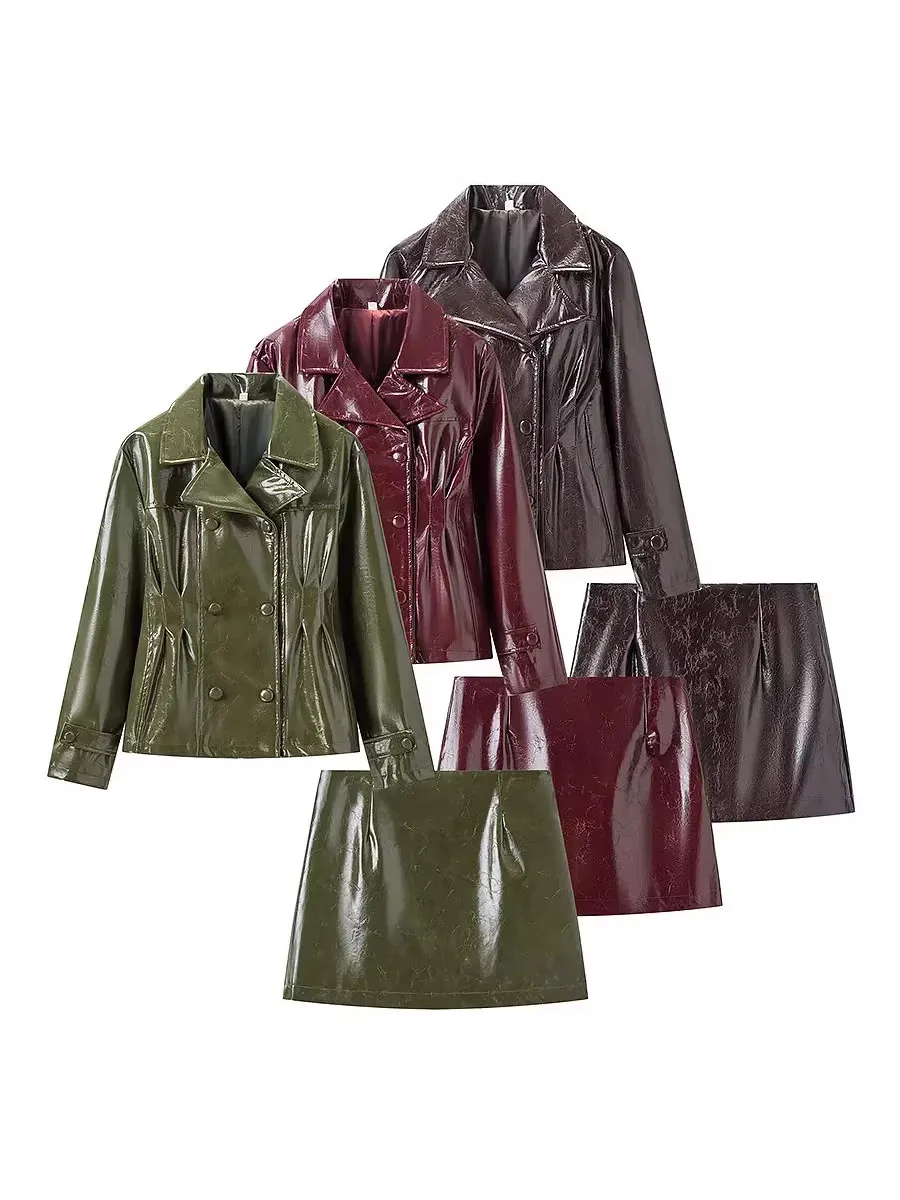 Conjunto De Chaqueta Y Minifalda De Cuero PU Brillante Estilo Europeo Para Mujer Doble Botonadura Manga Larga Top Y Parte Inferior