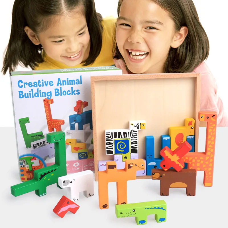 Houten Educatief Tetris Blok Puzzel 3D Cartoon Dier Vorm Bord Speelgoed Vroeg Leren Montessori Cadeau Voor Kinderen