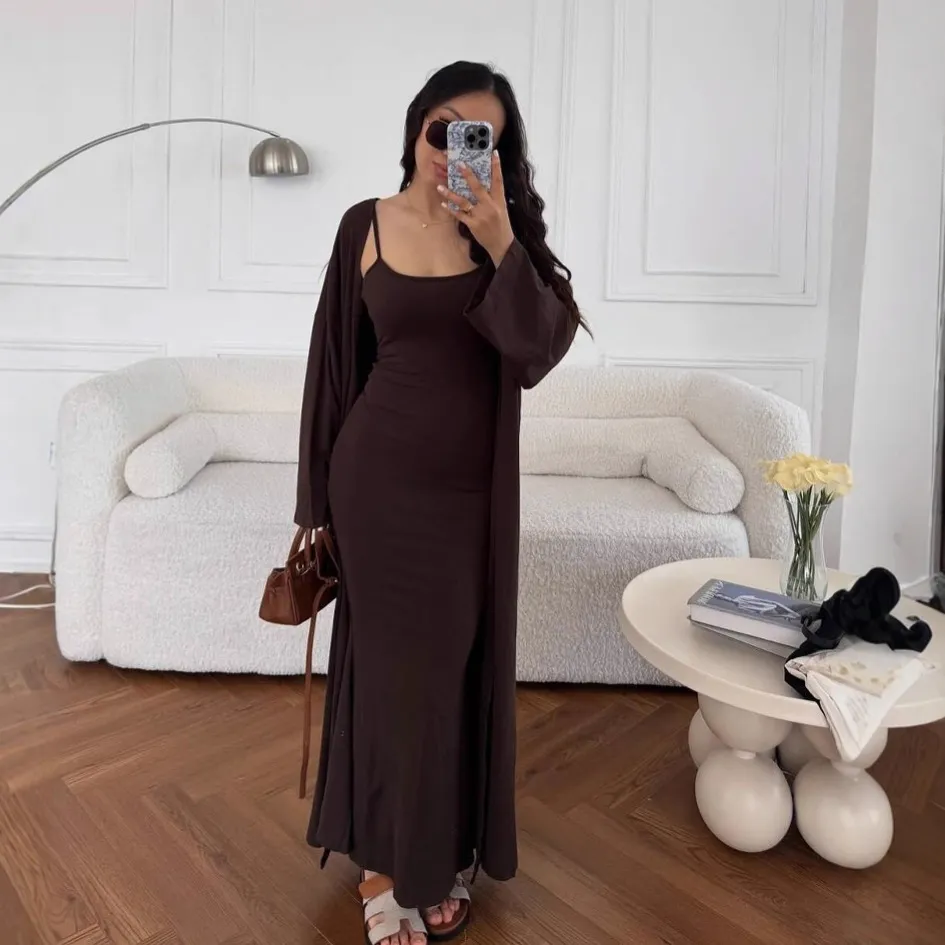 Γυναικείο Μόδας Casual Φόρεμα με Τιράντες και Μακρύ Παλτό Cardigan Matching Set Μονόχρωμο Μακρύ Μανίκι