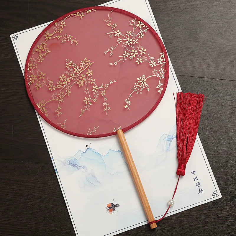 Éventail Rond Chinois Classique Bois de Hêtre Tissu en Soie Gland Marquage à Chaud Floral Main