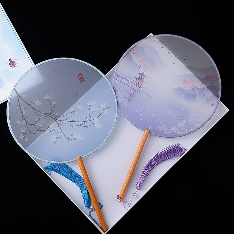 Traditional Chinese Round Group Fan Beech Wood Handle Translucent Silk Fan For Hanfu Dance Performance Daily Cooling