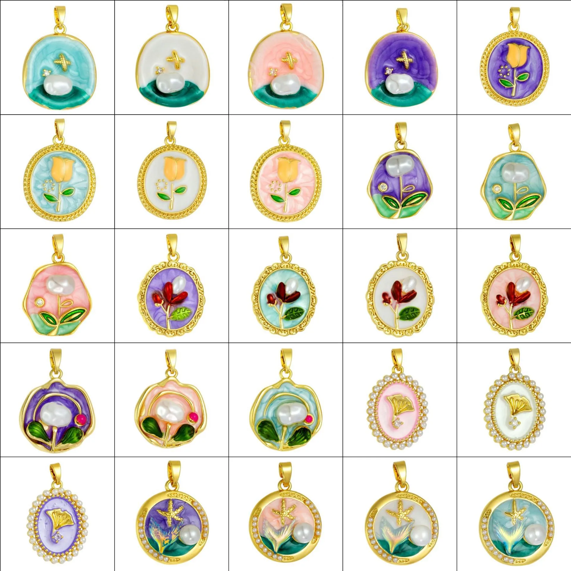 Vintage Monet Garden Oil Painting Style Enamel Artificial Pearl Flower Pendant DIY Necklace Jewelry Accessories Gift