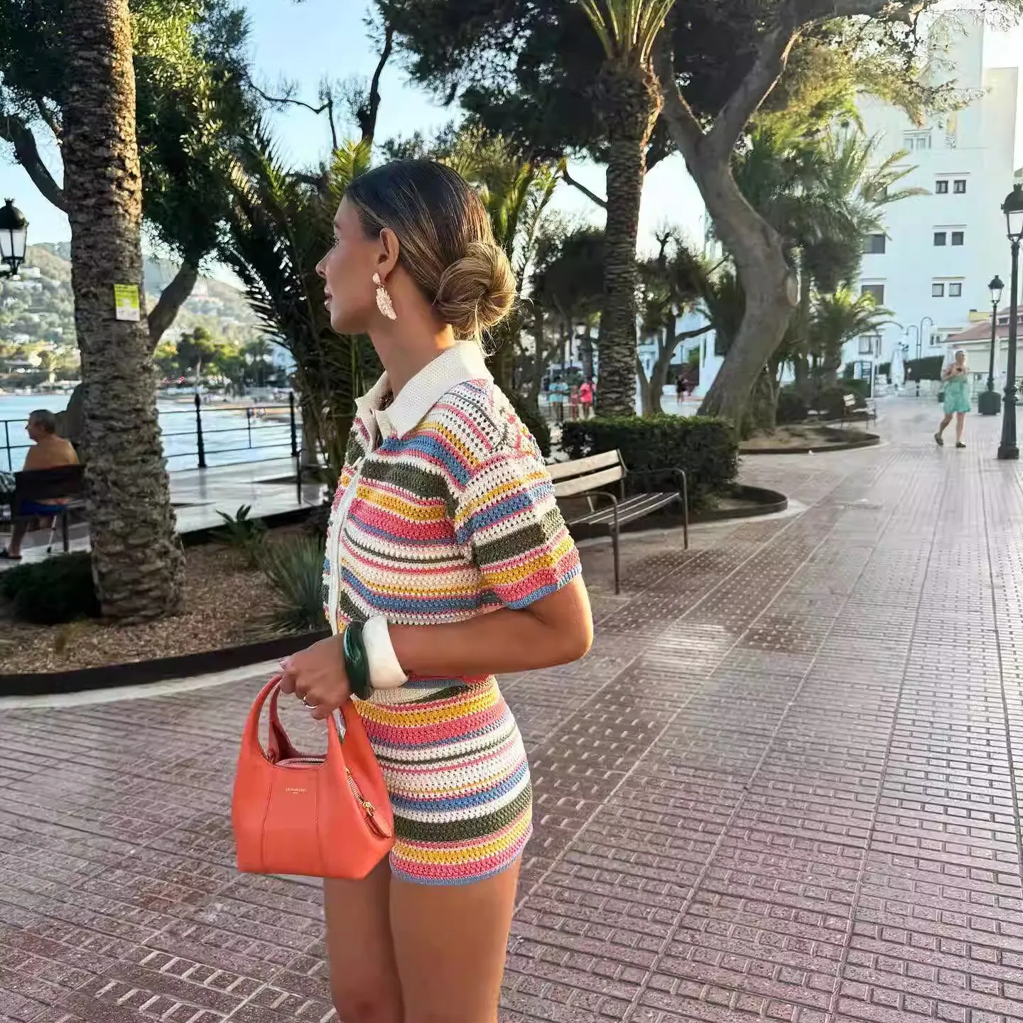 Womens Summer Casual Knit Cardigan And Shorts Set Striped Lapel Short Sleeve Top And Matching Bottom Fashion Knitwear Outfit
