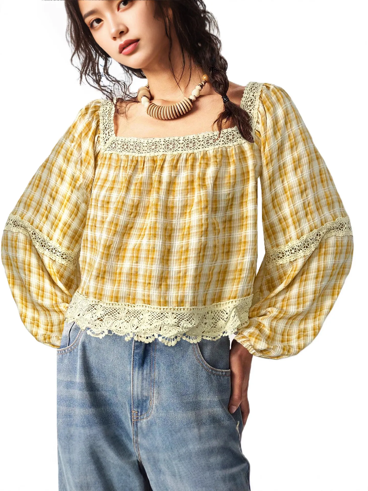 Blouse à Carreaux Manches Longues pour Femmes Col Carré Garniture en Dentelle Manche Lanterne Casual Pullover Joli Haut de Chemise
