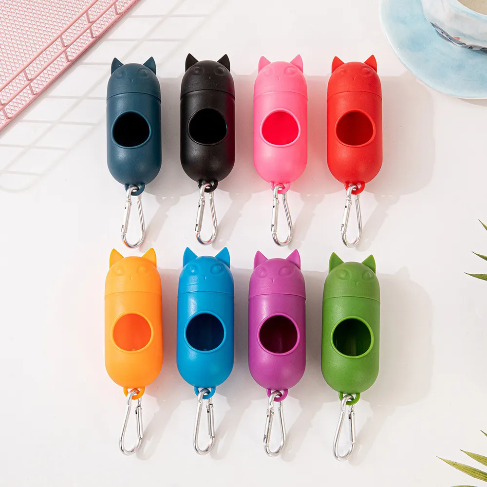 Distributeur Portable de Sacs à Déjections pour Animaux Forme Mignonne de Tête de Chat Porte-Sac avec Mousqueton en Métal pour Chiens Chats Promenade en Plein Air