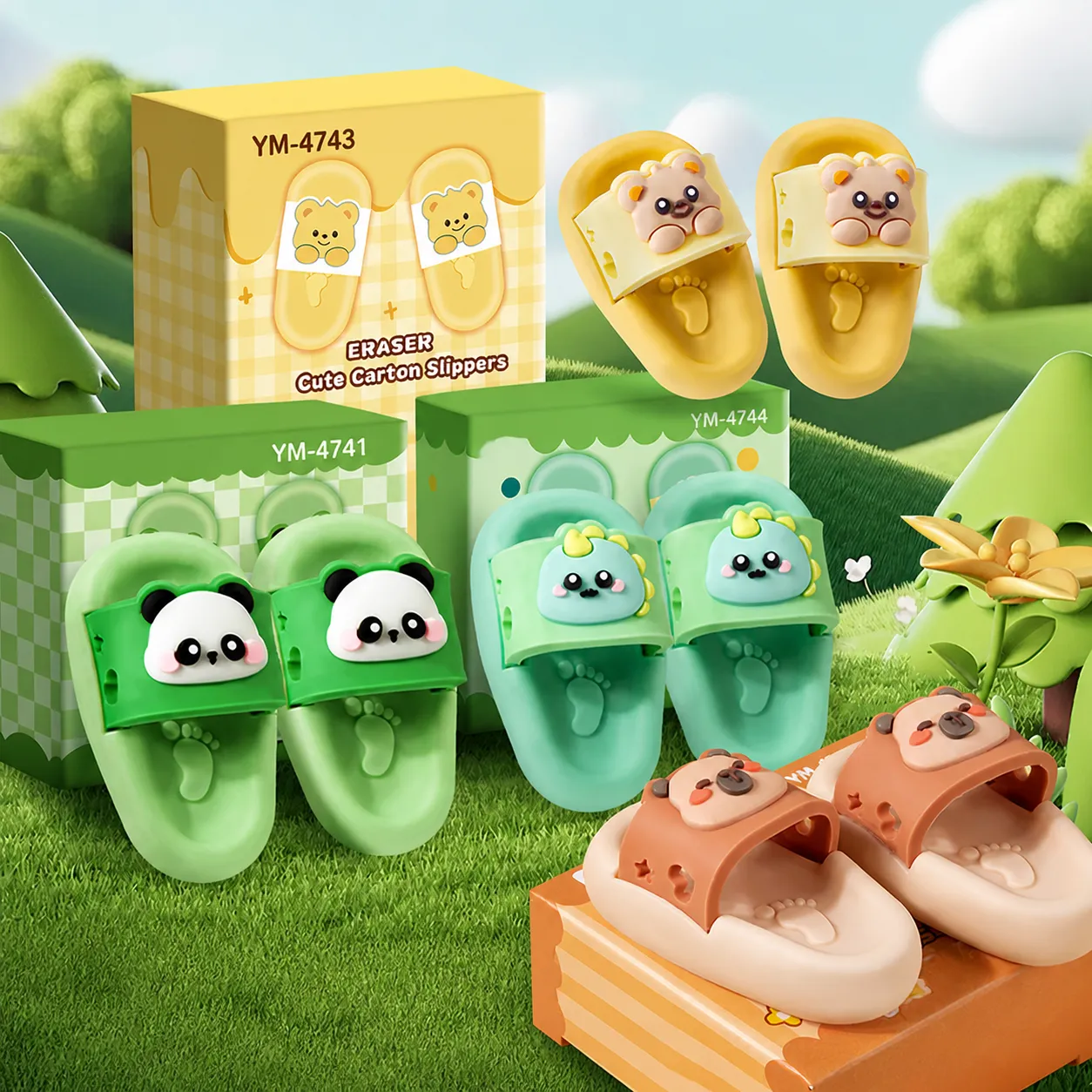Creative Cartoon Animal Eraser Slipper Shape Student Rubber Panda Bear Dinosaur Capybara Erasers For Kids School Supplies