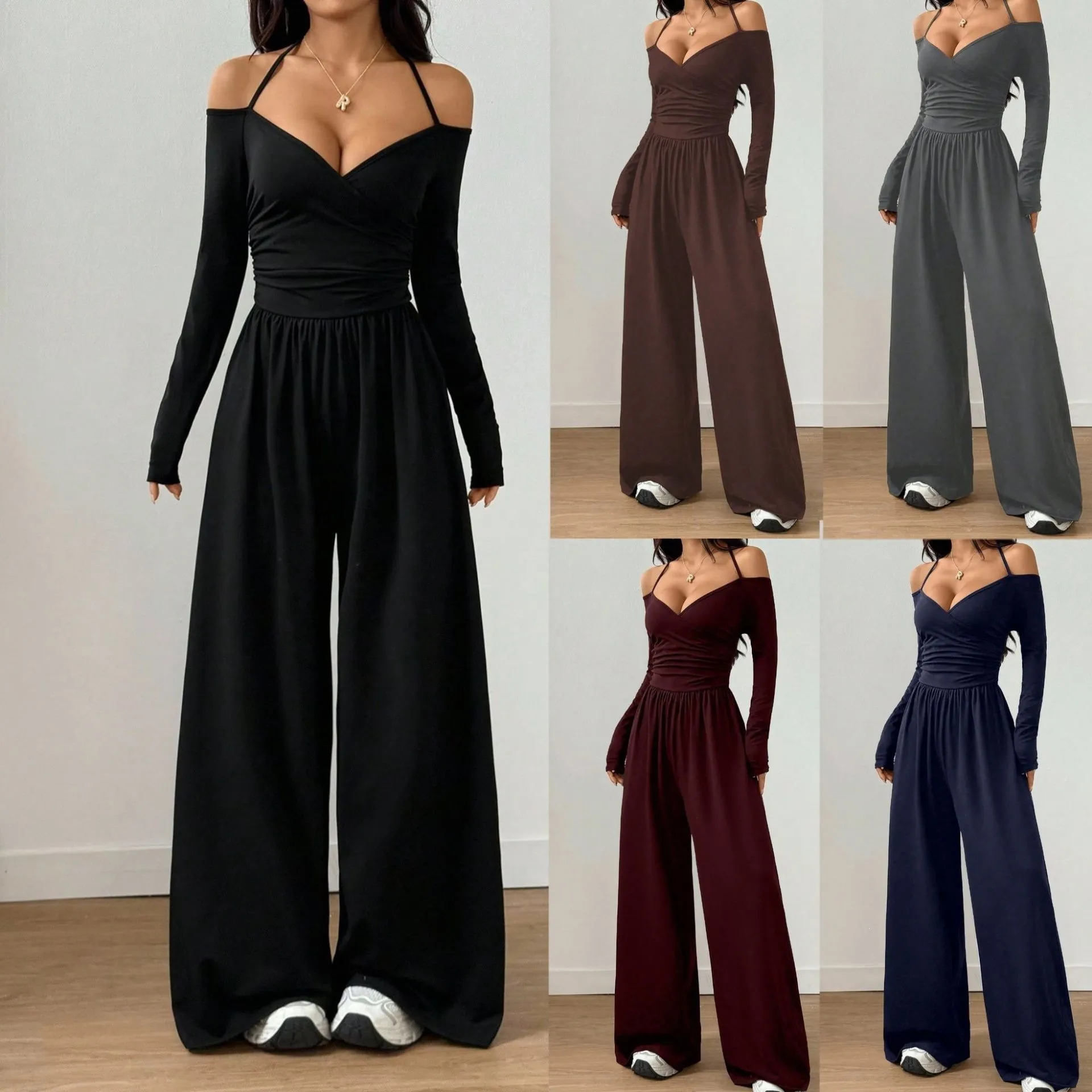 Γυναικεία Ολόσωμη Φόρμα Με Λαιμόκοψη V Halter Μακρύ Μανίκι Εξώπλατη Φαρδύ Παντελόνι Ψηλόμεσο Bodycon Romper Μονόχρωμη Casual Streetwear Πάρτι Ολόσωμη Φόρμα