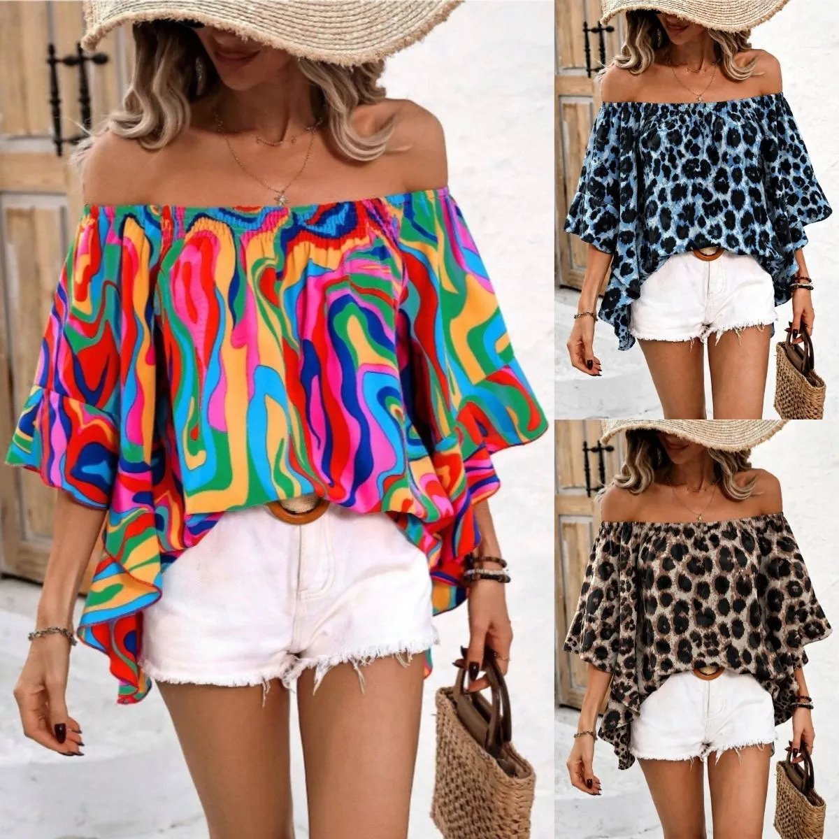 Damen Schulterfrei Marmor Leopardenmuster Rüschen Bluse Locker Lässig Kurzarm Urlaub Sommer Top Mode Hemd