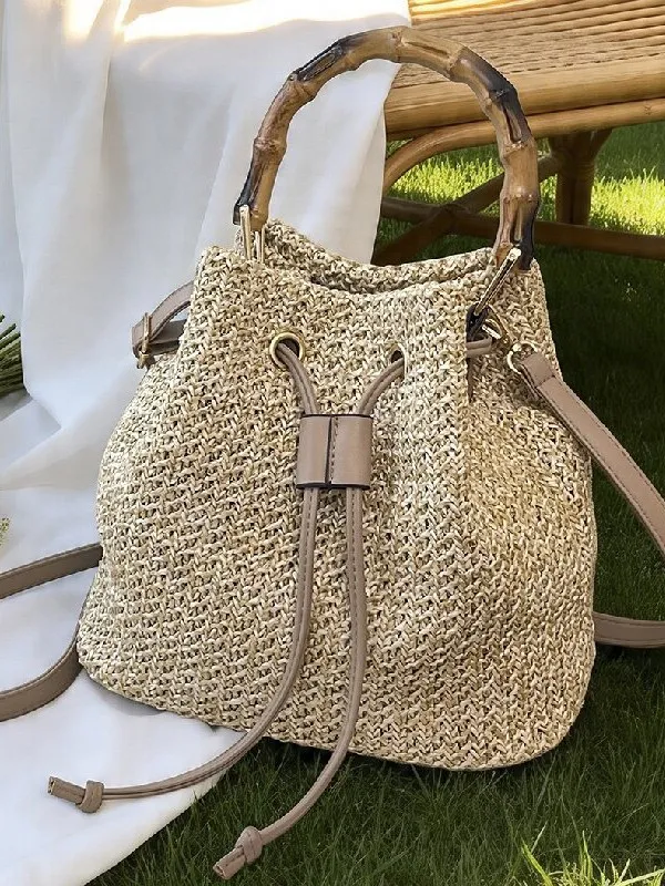 Sac Seau Tissé en Paille pour Femmes Poignée en Bambou Vacances d'Été à la Plage Sac Bandoulière Décontracté en Paille