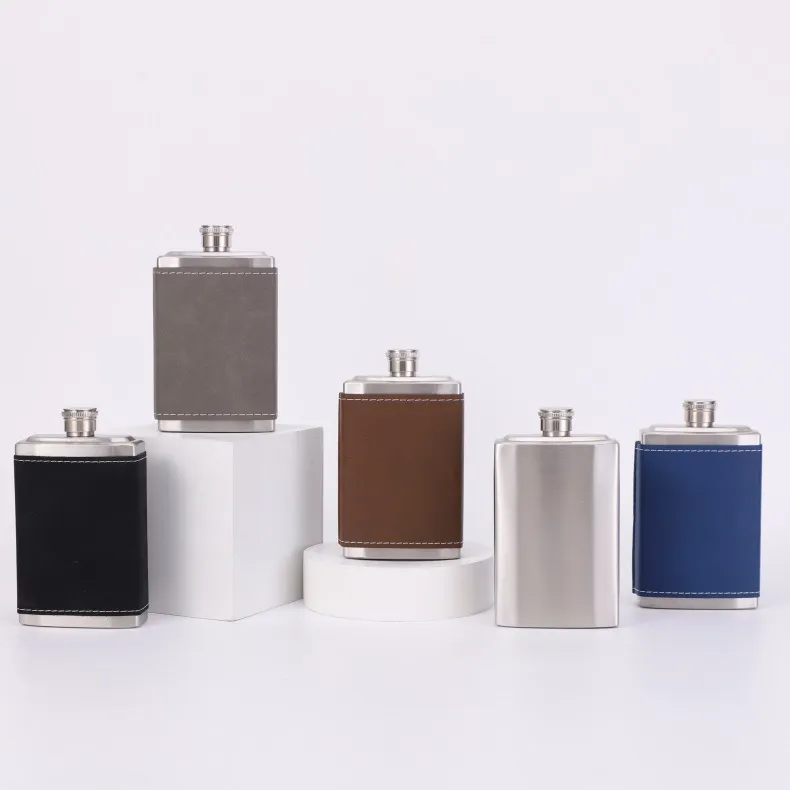 Portable 304 Stainless Steel Hip Flask Pocket Square Wine Pot With Removable Leather Cover Outdoor Alcohol Whiskey Flask