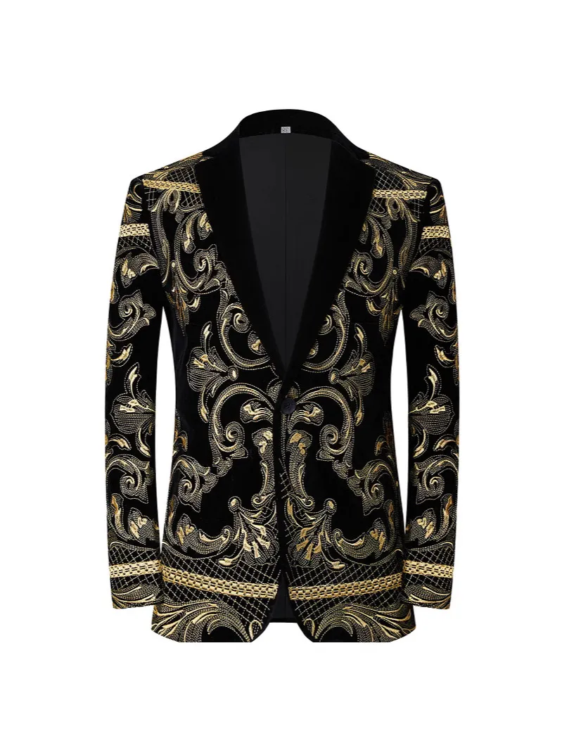 Men's Casual Slim Fit Embroidered Velvet Blazer Jacket Notched Lapel One Button Tuxedo For Stage Performance Party