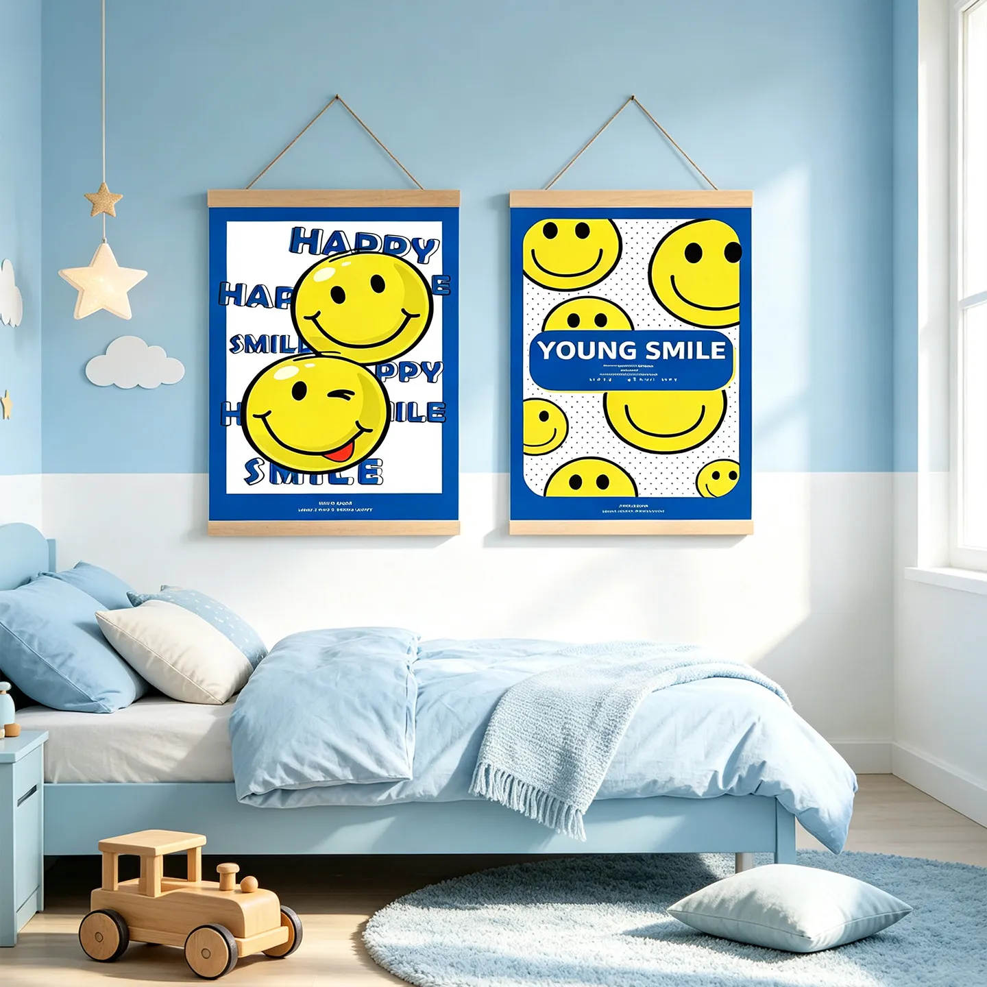 Klein Blau Cartoon Gelb Smiley Gesicht Rollbild Kinderzimmer Wandkunst Leinwand Holz Hängend Dekor