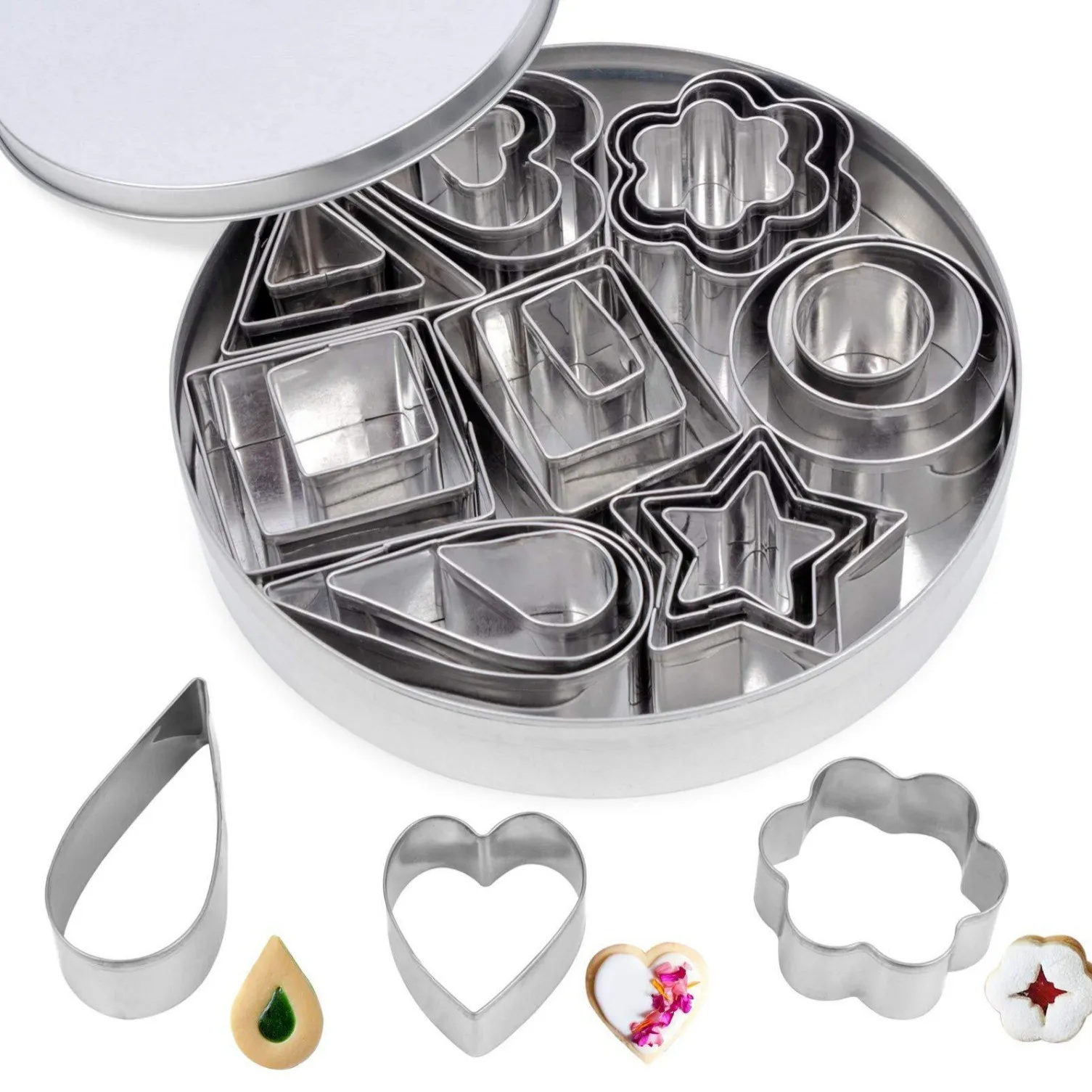 Ensemble d'Emporte-Pièces en Acier Inoxydable Moules à Biscuits Métalliques Outils de Pâtisserie Géométriques Avec Boîte de Rangement Ronde