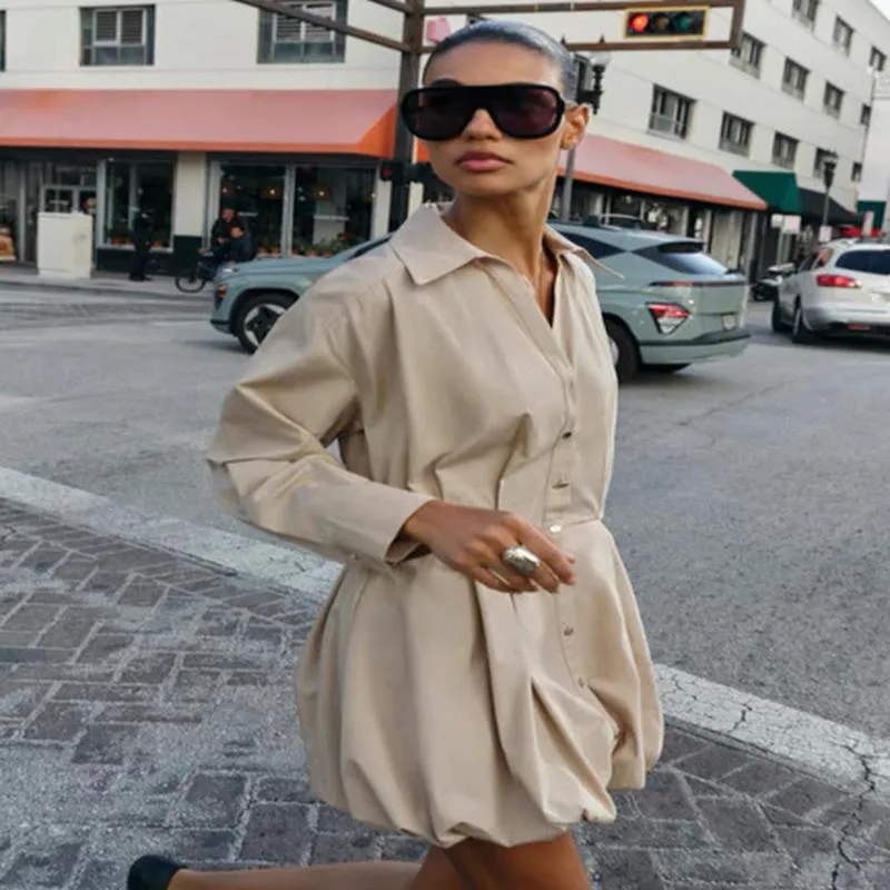 Abito Mini Linea A Manica Lunga Colletto Elegante Francese Donna Con Cintura Casual Kaki Poliestere Abito