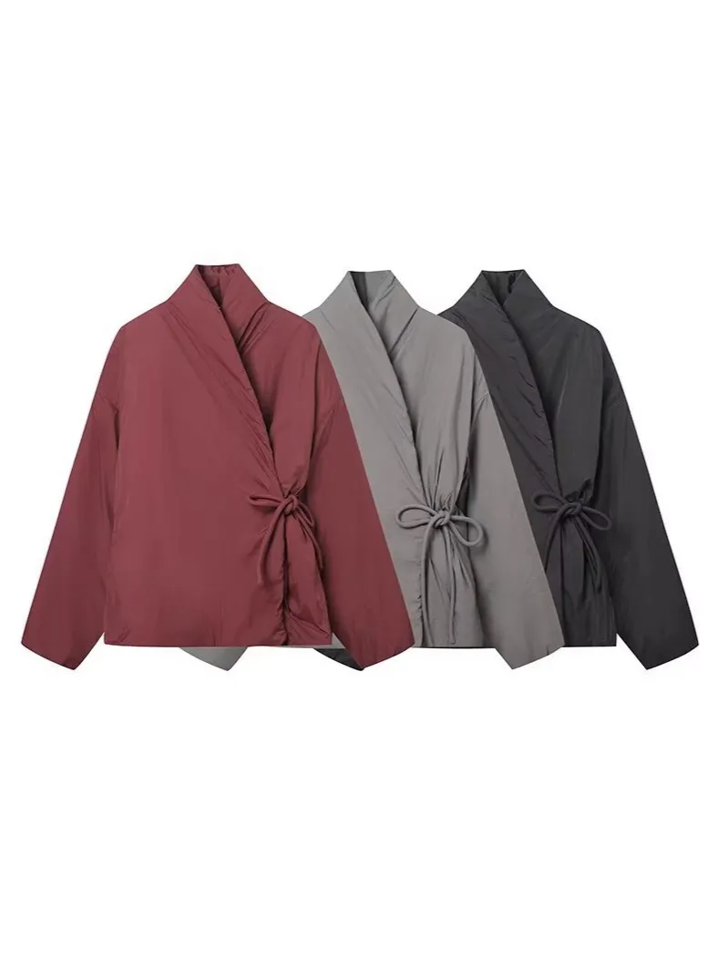 Mujer Casual Color Sólido Manga Larga Cuello en V Envolvente Kimono Chaqueta Acolchada Invierno Cálido Cinturón Algodón Abrigo Acolchado