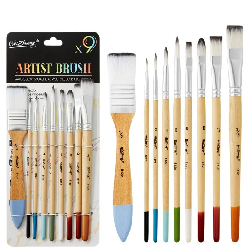 Artist Paint Brush Set Wooden Handle Nylon Hair Watercolor Gouache Acrylic Oil Painting Brushes Kit For Students