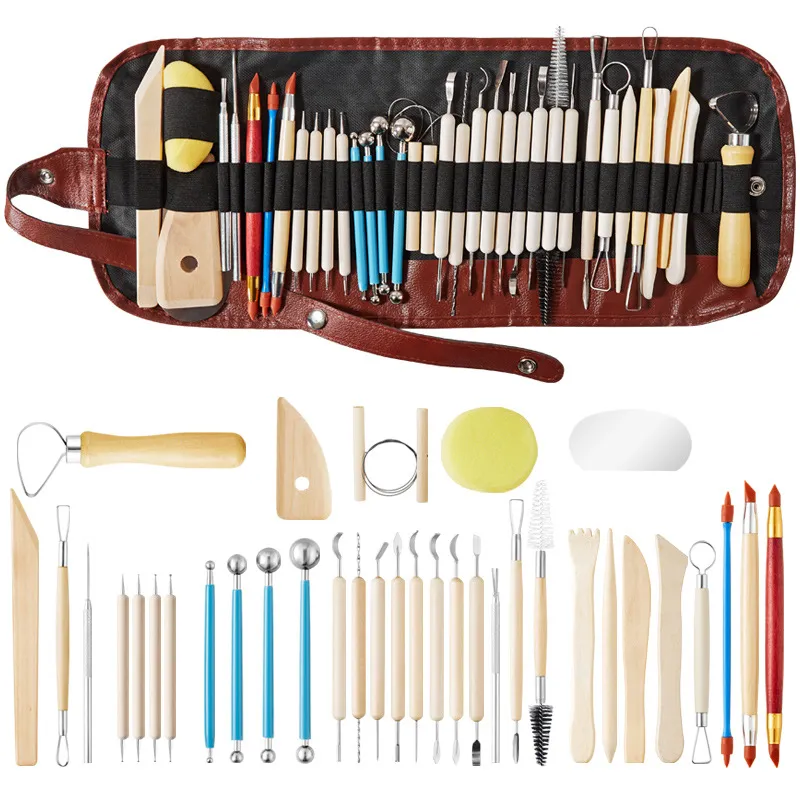 Herramientas de Escultura de Arcilla de Alfarería Madera Metal Cuchillos de Tallado Esponja Bolígrafos de Punteado Artesanía de Cerámica Kit de Modelado DIY Con Bolsa