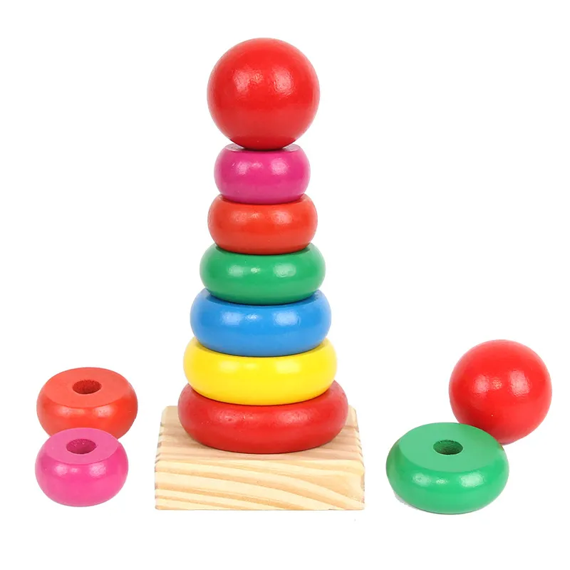 Wooden Rainbow Stacking Rings Toy Toddler Educational Stacking Tower Colorful Wood Learning Toy For Kids Baby