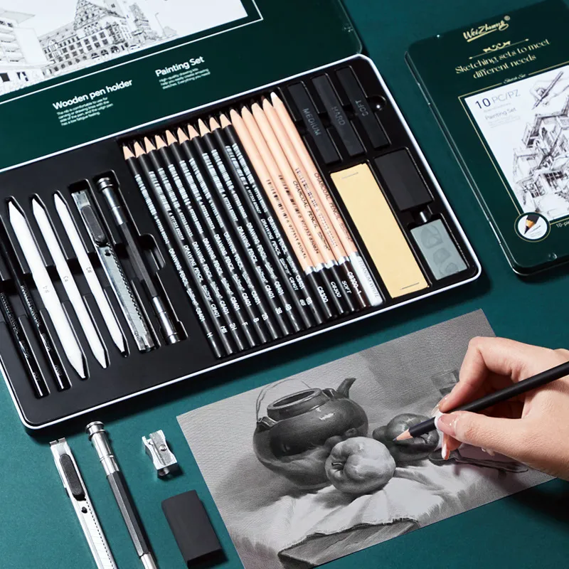 Professional Sketching Pencil Set Charcoal Pencils Drawing Art Supplies Kit with Metal Box for Artists