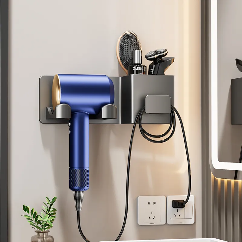 Support Sèche-Cheveux Mural Sans Perçage En Aluminium Étagère De Rangement De Salle De Bains Avec Organisateur De Câble