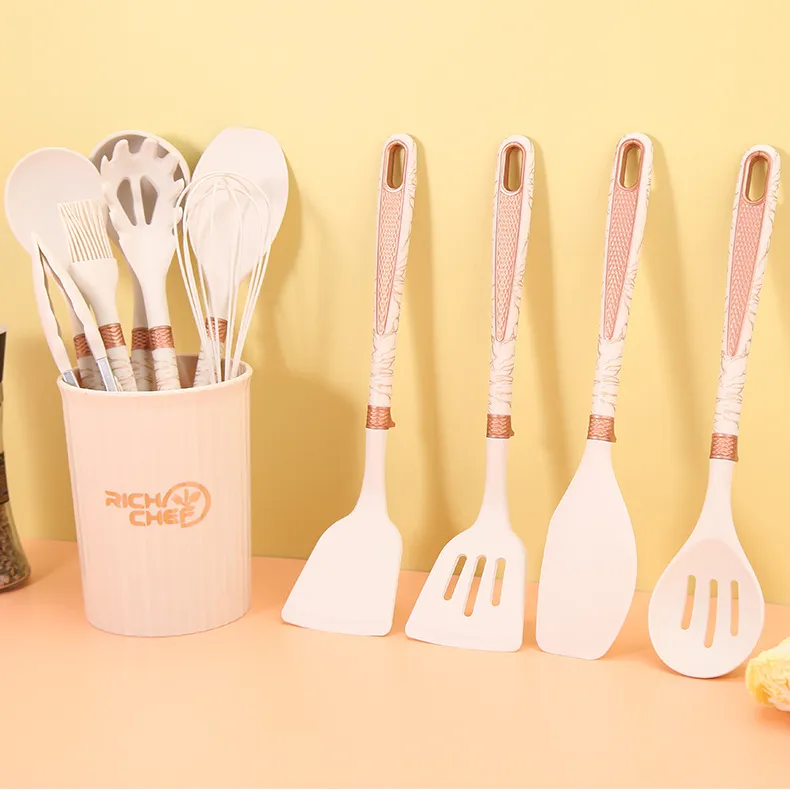 Silicone Kitchen Utensils Cookware Heat Resistant Cooking Tools With Marble Pattern Handles And Storage Holder