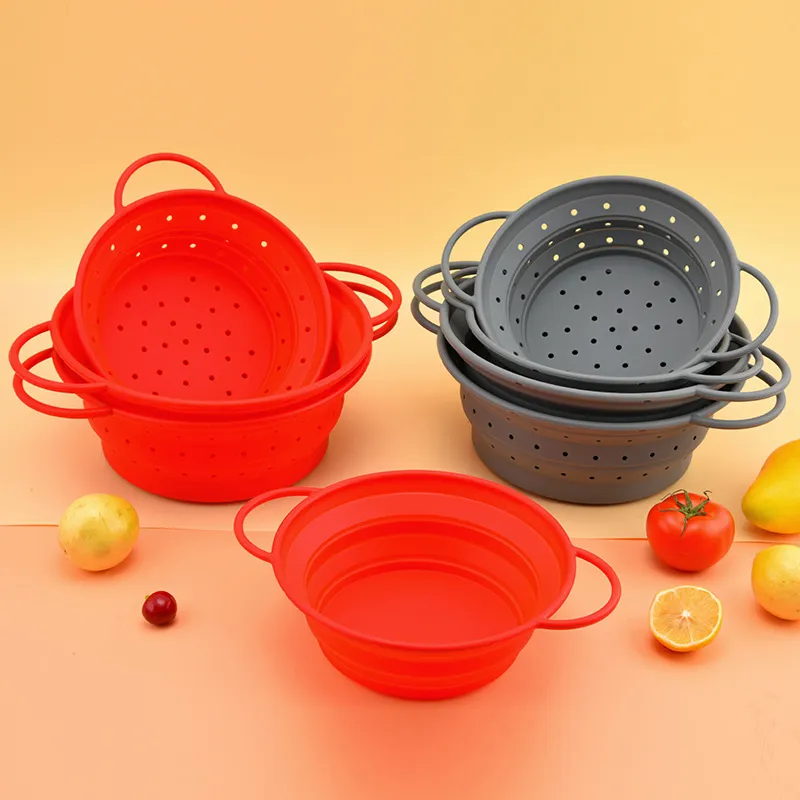 Round Foldable Silicone Colander Kitchen Vegetable Washing Basket Fruit Strainer Heat Resistant Collapsible Drainer