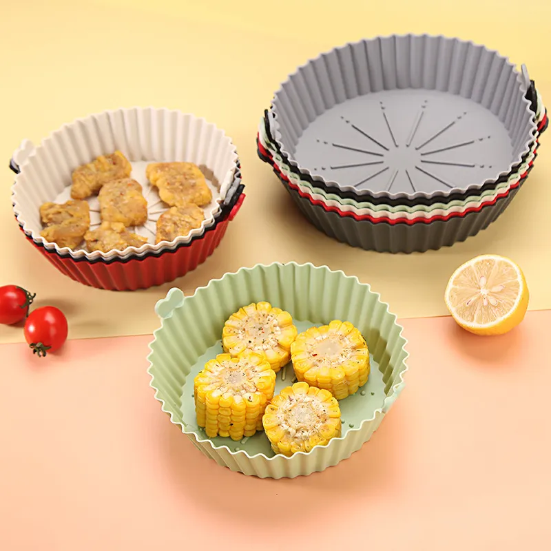 Round Silicone Air Fryer Pot Heat Resistant Baking Pan Foldable Non Stick Reusable Oven Tray Kitchen Bakeware Accessories
