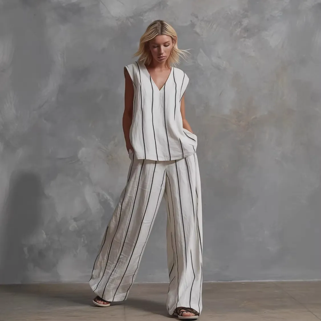 Women's French Minimalist Vertical Striped Cotton Linen Sleeveless Top And Wide Leg Pants Two Piece Set