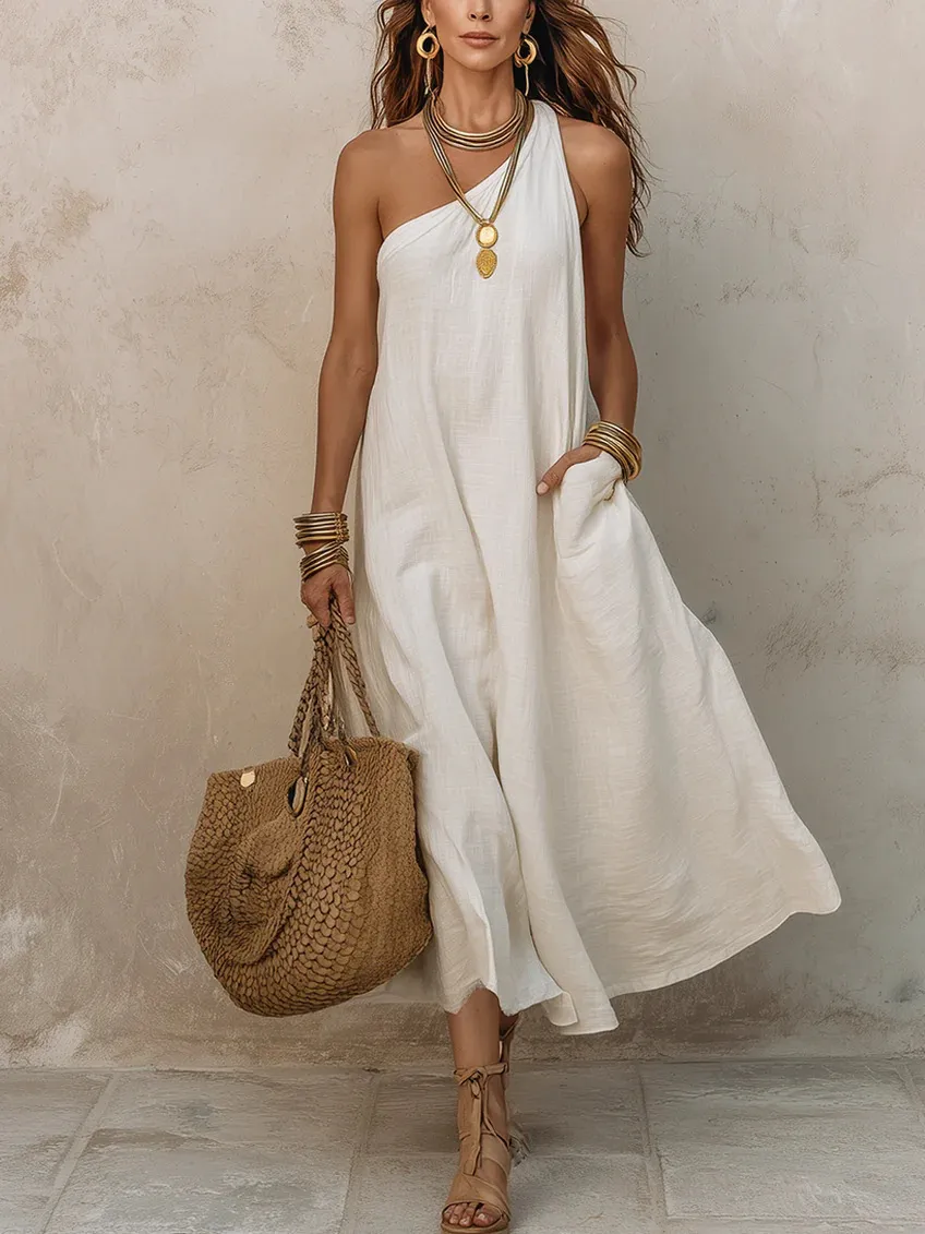 Women's One-Shoulder Solid Color Retro Vacation Maxi Dress Sleeveless Loose Fit Polyester Long Dress For Women Summer Beach Wear