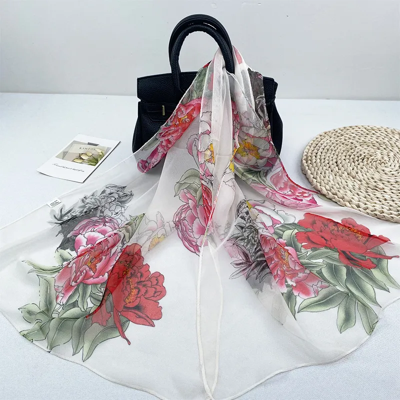 Damen Chiffon Schal Vintage Floral Pfingstrose Druck Lang Leicht Sonnenschutz Tuch Mode Zubehör